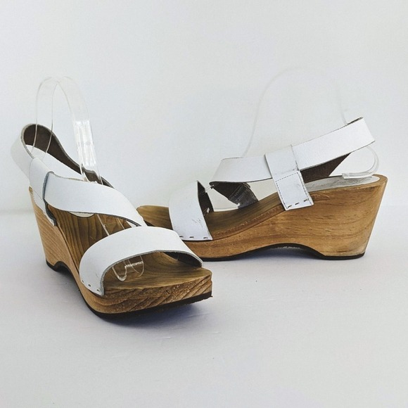 Free People Sandals Dune Beach Clog Womens 41 White Leather Wood Wedge Strap - Picture 1 of 16